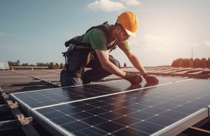 Un tecnico sta installando dei pannelli fotovoltaici su un tetto in una giornata di sole, indossando le dovute protezioni, tra cui casco e imbragatura