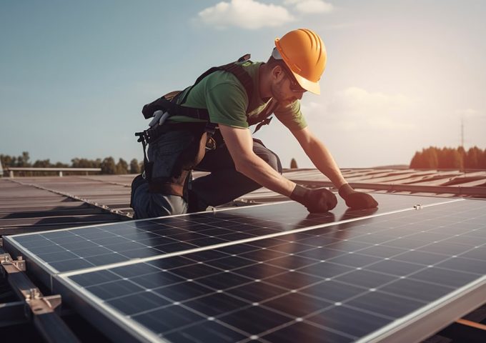 Un tecnico sta installando dei pannelli fotovoltaici su un tetto in una giornata di sole, indossando le dovute protezioni, tra cui casco e imbragatura