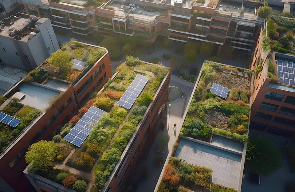 Un moderno quartiere con bosco urbano sui tetti e pannelli fotovoltaici