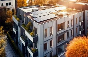 Un condominio moderno con molti balconi pieni di piante e pannelli fotovoltaici sul tetto