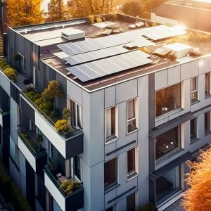 Un condominio moderno con molti balconi pieni di piante e pannelli fotovoltaici sul tetto