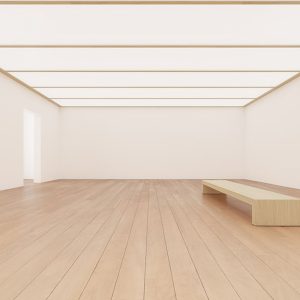 Una sala di museo completamente vuota, con panca in legno, pavimento a parquet, soffitto luminoso a pannelli, pareti bianche e porta