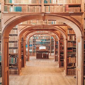 Vista centrale sui numerosi ambienti di una biblioteca pubblica con scaffali in legno disposti attorno a un passaggio ad arco. Al centro, in fondo, si vede un libro antico aperto su un leggio