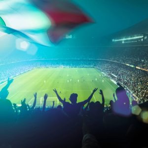 Un campo di calcio visto dagli spalti, di sera, mentre le persone stanno esultando e si intravede una bandiera italiana fatta sventolare sulla sinistra