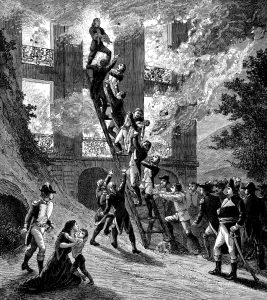 Pompieri parigini in azione, ritratti in un'antica incisione