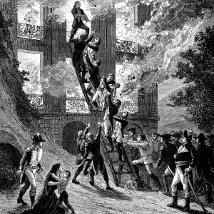 Pompieri parigini in azione, ritratti in un'antica incisione