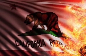 Bandiera della california che sta bruciando per le fiamme di un incendio