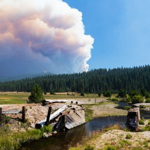 Il fumo levatosi dal grande incendio Dixie Fire, in California, visto da lontano