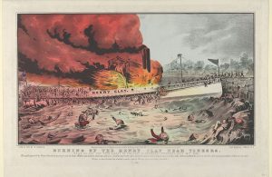 Litografia che mostra l'incendio del vaporetto a pale americano Henry Clay nel 1852