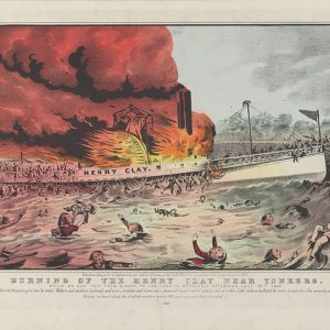 Litografia che mostra l'incendio del vaporetto a pale americano Henry Clay nel 1852
