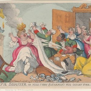 Una vignetta satirica inglese dell'800 mostra una corpulenta donna dell'alta società cui vanno a fuoco i capelli
