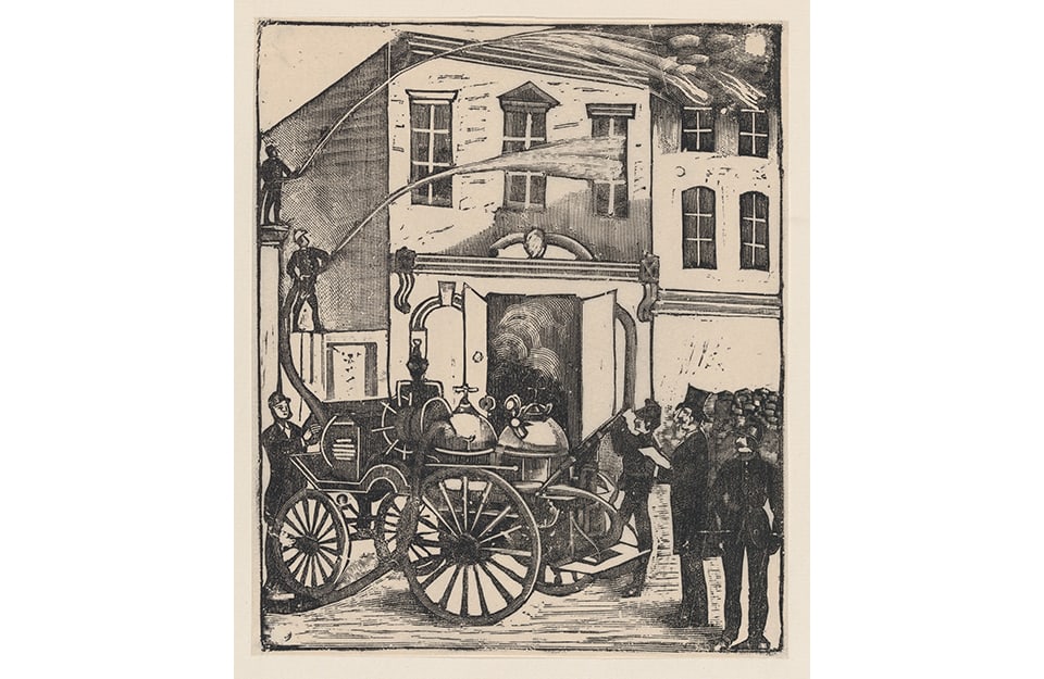 Un'incisione datata tra il 1880 e il 1910 mostra un carro dei pompieri e dei vigili del fuoco in azione durante l'incendio di un palazzo, in Messico