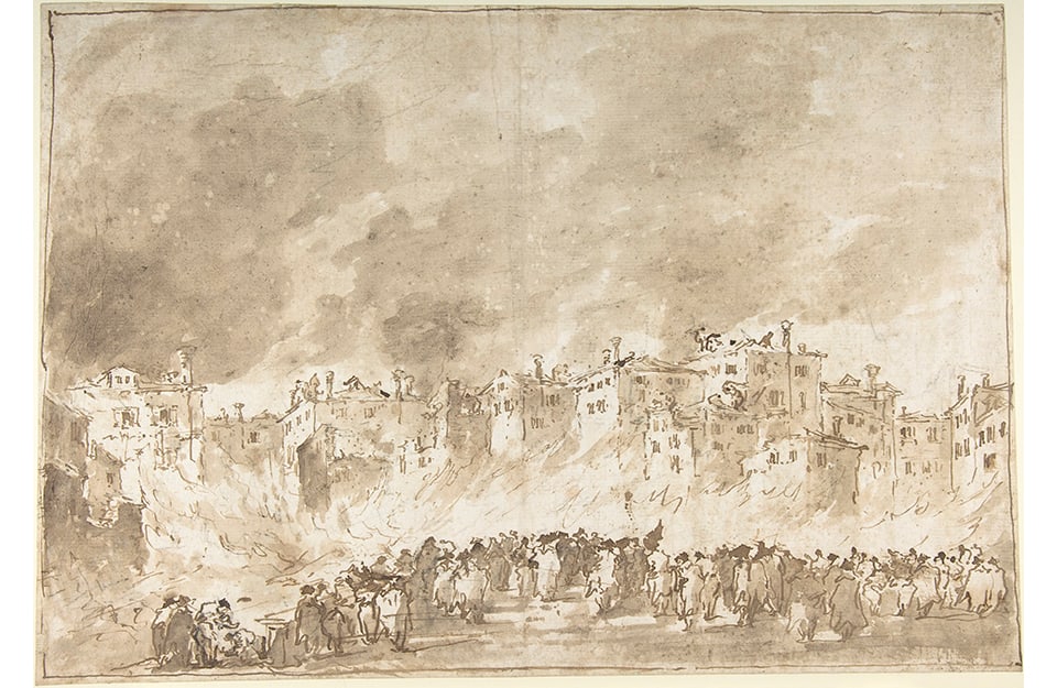 Disegno settecentesco dell'artista Francesco Guardi dedicato al grande incendio del 1789 a San Marcuola, Venezia