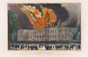 Litografia a colori del 1858 che mostra l'incendio al municipio di New York