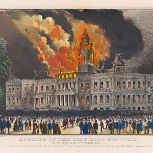 Litografia a colori del 1858 che mostra l'incendio al municipio di New York