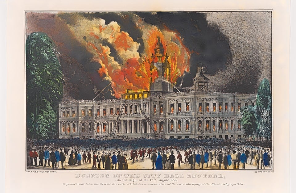 Litografia a colori del 1858 che mostra l'incendio al municipio di New York