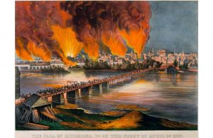 Litografia a colori che mostra la caduta e l'incendio di Richmond, in Virginia, la notte del 2 aprile 1865, durante la Guerra Civile Americana
