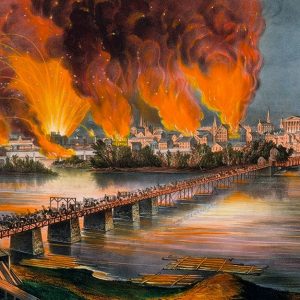 Dettaglio di una litografia a colori che mostra la caduta e l'incendio di Richmond, in Virginia, la notte del 2 aprile 1865, durante la Guerra Civile Americana