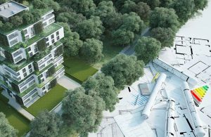 Grafica con da una parte dei progetti di edifici e le classi energetiche e dall'altra un edificio ecosostenibile immerso nel verde e con bosco verticale