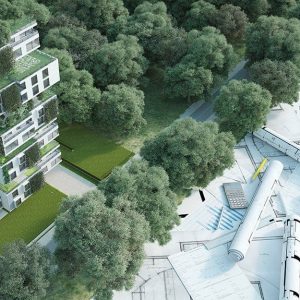 Grafica con da una parte dei progetti di edifici e le classi energetiche e dall'altra un edificio ecosostenibile immerso nel verde e con bosco verticale