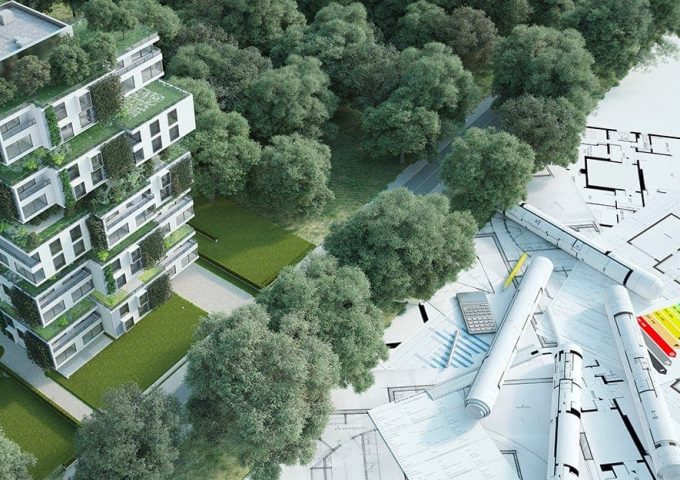 Grafica con da una parte dei progetti di edifici e le classi energetiche e dall'altra un edificio ecosostenibile immerso nel verde e con bosco verticale