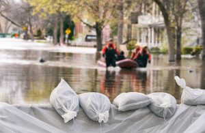 Dei Vigili del Fuoco in azione dopo un'alluvione in una città