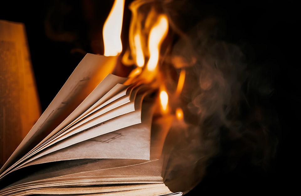 Primo piano di un libro aperto, visto di taglio, che sta prendendo fuoco