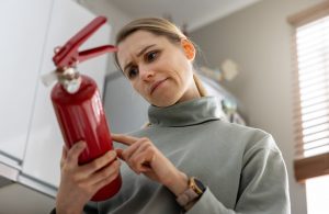 Una donna guarda con aria interrogativa un piccolo estintore rosso che tiene in mano