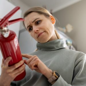 Una donna guarda con aria interrogativa un piccolo estintore rosso che tiene in mano