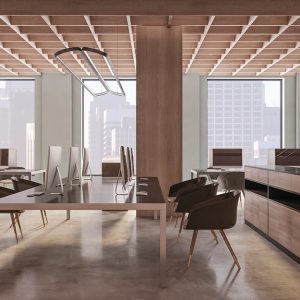 Interno di un ampio e luminoso ufficio pieno di tavoli con computer e di mobili in legno
