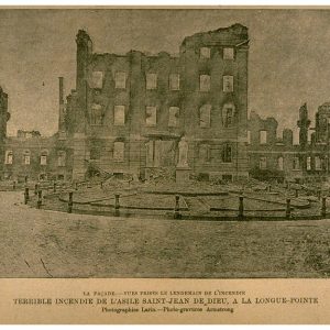 Foto del manicomio Dipinto dell'800 (opera di anonimo) che mostra la corsa dei pompieri canadesi a cavallo che accorrono per l'incendio al manicomio Saint-Jean-de-Dieu dopo l'incendio, pubblicata nel 1890 sulla rivista Le Monde illustré