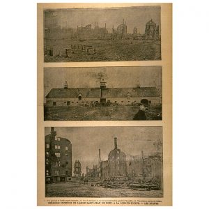 Foto del manicomio Dipinto dell'800 (opera di anonimo) che mostra la corsa dei pompieri canadesi a cavallo che accorrono per l'incendio al manicomio Saint-Jean-de-Dieu dopo l'incendio, pubblicata nel 1890 sulla rivista Le Monde illustré