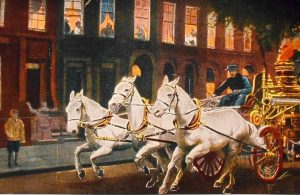 Dipinto dell'800 (opera di anonimo) che mostra la corsa dei pompieri canadesi a cavallo che accorrono per l'incendio al manicomio Saint-Jean-de-Dieu