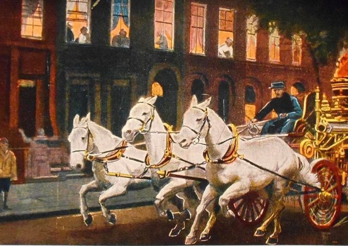 Dipinto dell'800 (opera di anonimo) che mostra la corsa dei pompieri canadesi a cavallo che accorrono per l'incendio al manicomio Saint-Jean-de-Dieu
