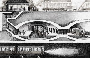 Antico disegno in bianco e nero che illustra la struttura sotterranea e di superficie di una stazione della metropolitana di Parigi del 1900