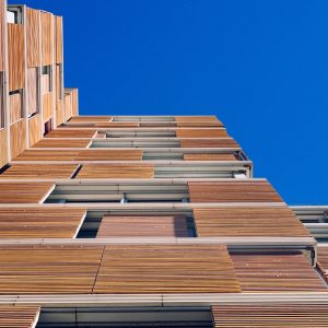 Moderna struttura architettonica con rivestimento in legno, vista dal basso verso l'alto