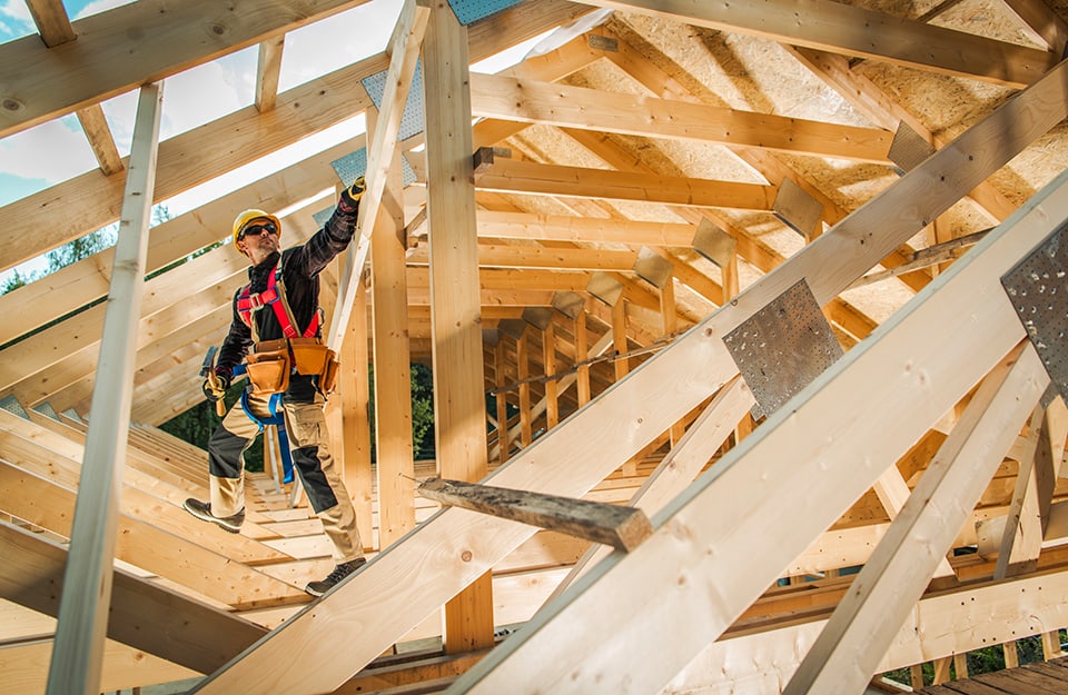 Un operaio edile arrampicato tra le assi di una struttura di un tetto in legno indossando l'equipaggiamento di sicurezza
