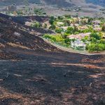 Resti di un incendio ai piedi di una collina, che ha quasi raggiunto un sobborgo abitato