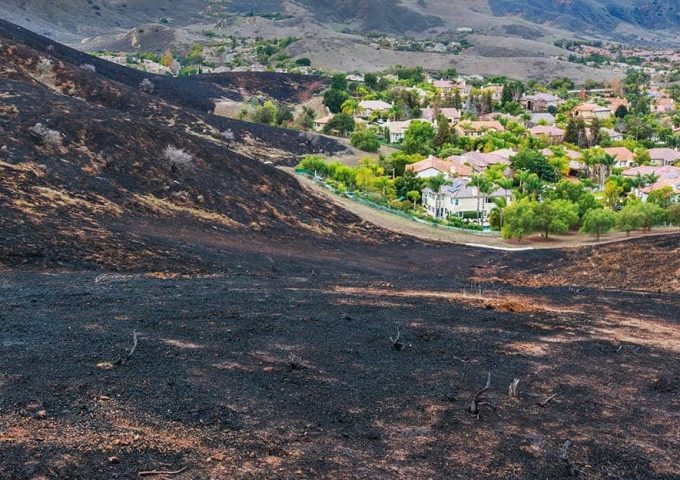 Resti di un incendio ai piedi di una collina, che ha quasi raggiunto un sobborgo abitato