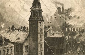 Dettaglio di un'incisione dell'epoca mostra il disperato tentativo dei pompieri di salvare la Old South Church durante l'incendio di Boston del 1872