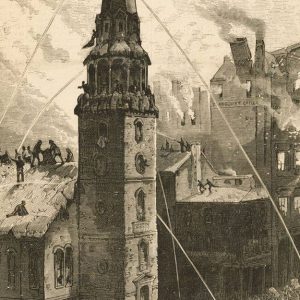 Dettaglio di un'incisione dell'epoca mostra il disperato tentativo dei pompieri di salvare la Old South Church durante l'incendio di Boston del 1872