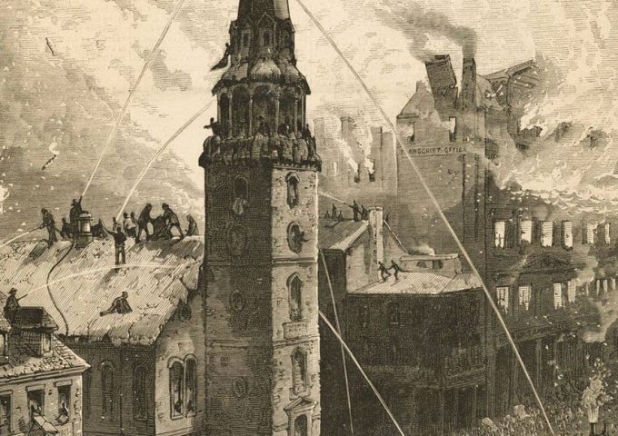 Dettaglio di un'incisione dell'epoca mostra il disperato tentativo dei pompieri di salvare la Old South Church durante l'incendio di Boston del 1872