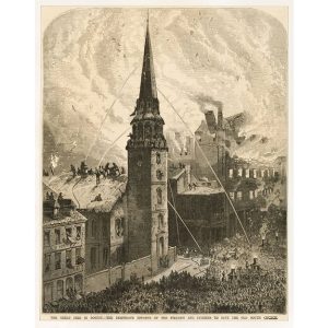 Un'incisione dell'epoca mostra il disperato tentativo dei pompieri di salvare la Old South Church durante l'incendio di Boston del 1872