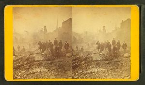 Una stereografia dell'epoca mostra le rovine dopo l'incendio di Boston del 1872