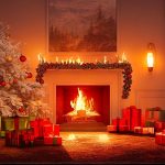 Salotto con caminetto allestito per Natale, con alberi, pacchi regalo e candele. Sopra il camino e sul tappeto si è innescato un incendio