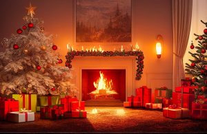 Salotto con caminetto allestito per Natale, con alberi, pacchi regalo e candele. Sopra il camino e sul tappeto si è innescato un incendio
