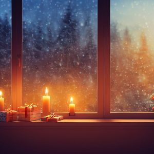 Una grande finestra che dà su un paesaggio invernale montano con un albero illuminato da luci di Natale all'esterno e candele accese all'interno
