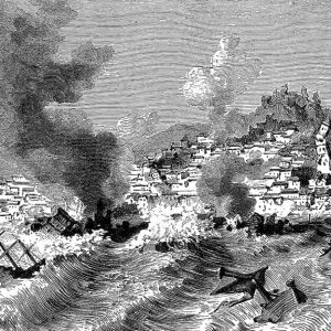 Un'incisione del '700 in cui è rappresentato il terremoto con lo tsunami e gli incendi di Lisbona del 1755