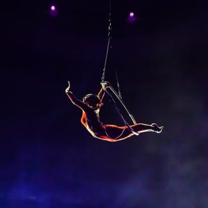 Una trapezista che si sta esibendo sul trapezio di un circo