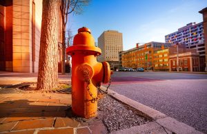 Un idrante rosso al lato della strada nella città di Baltimora, negli Stati Uniti